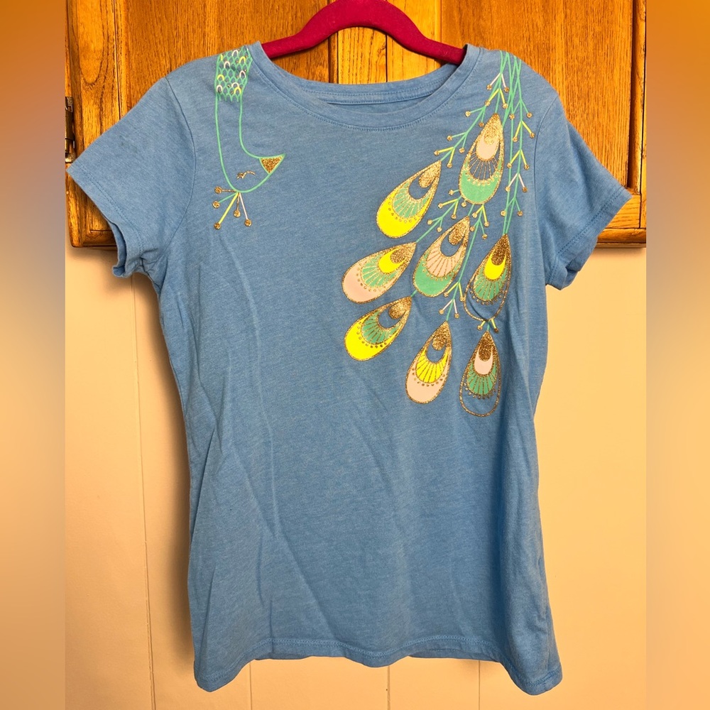 Cat & Jack Tee, Blue with Peacock feather graphic, Girl’s L (10/12)